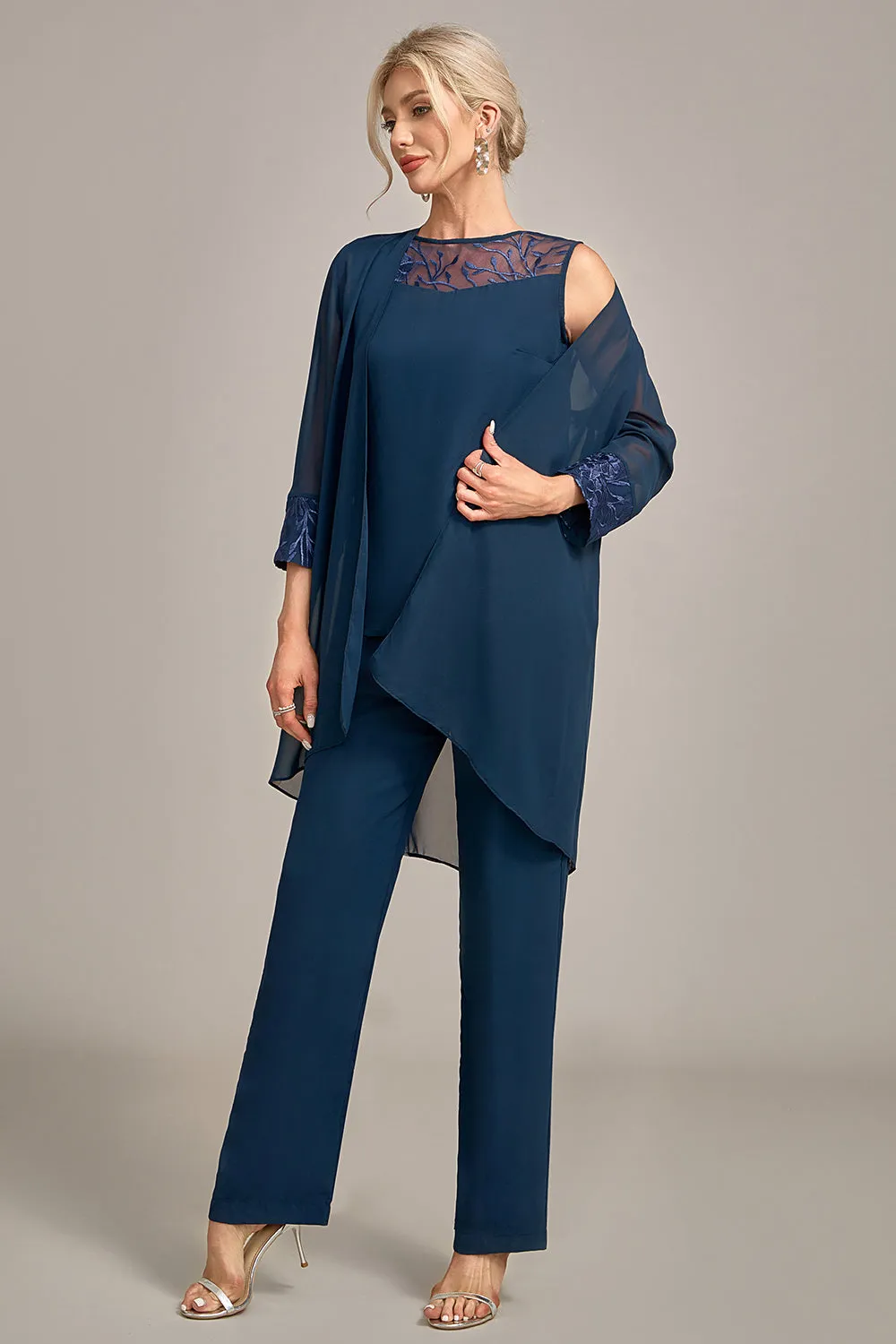 Navy Maniche Lunghe 3 Pezzi Madre della Sposa Pantaloni Abiti